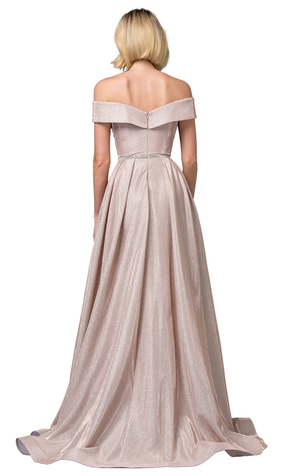 Woman wearing the Off-Shoulder Long Prom Dress: Dancing Queen 2824, featuring a glitter finish and floor-length skirt, stands with her back to the camera against a white background.